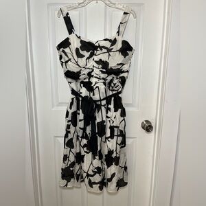 White House Black Market Silk Blend Black and White Leaf Print Dress